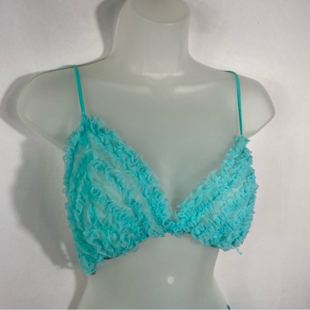 Vintage 1960s Tiffany Blue Mesh Ruffle Nightie Sleep Set Lingerie Peignoir Set - Picture 8 of 11
